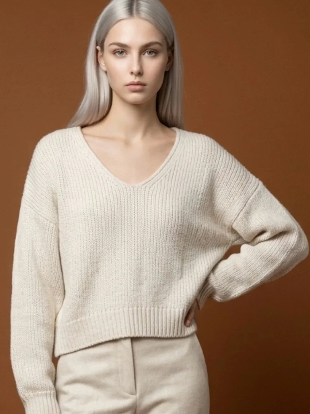 Free People Cream V-Neck Knit Pullover